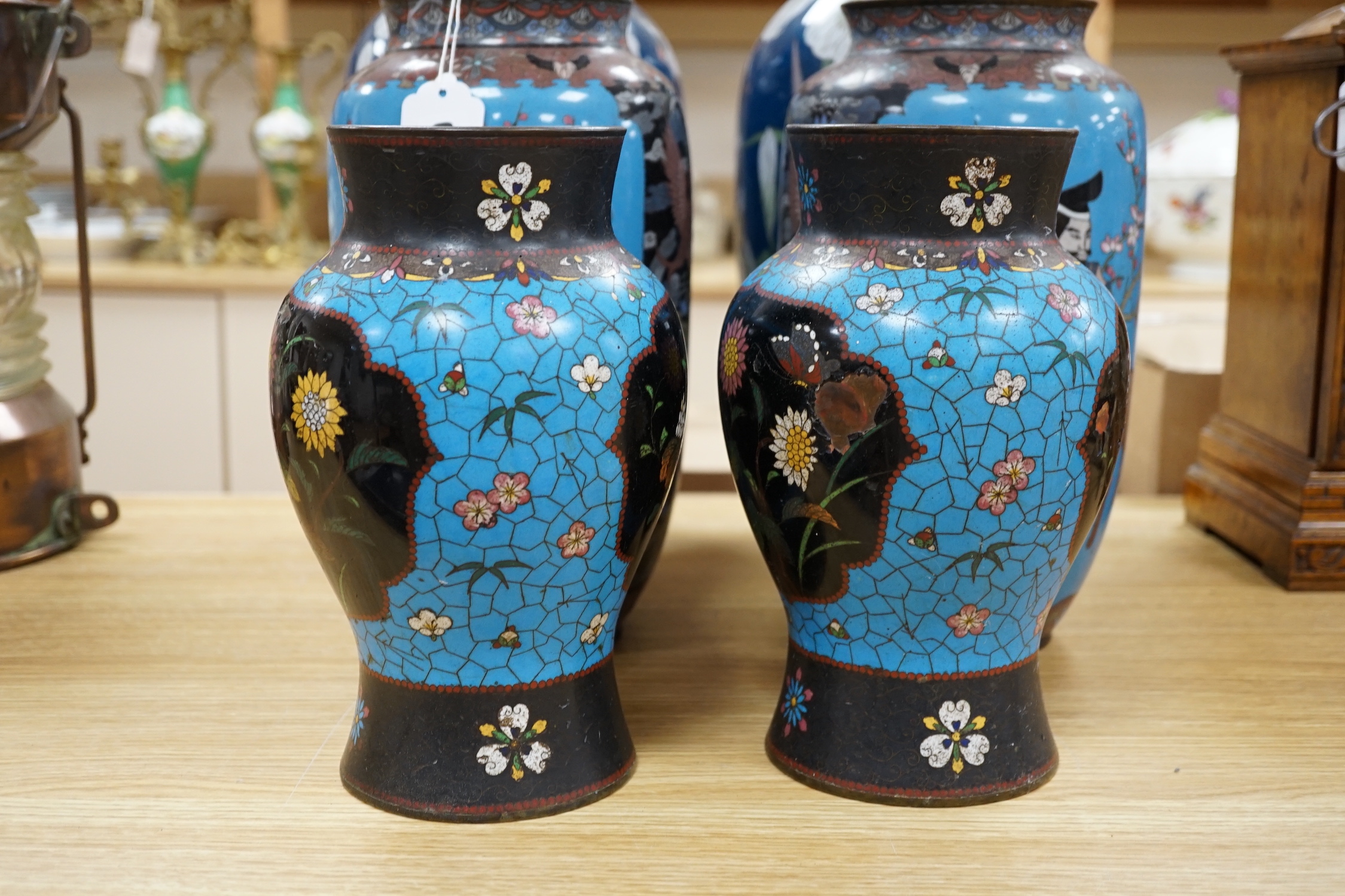 Three pairs of Japanese cloisonné enamel vases, late 19th/early 20th century, largest 43cm high